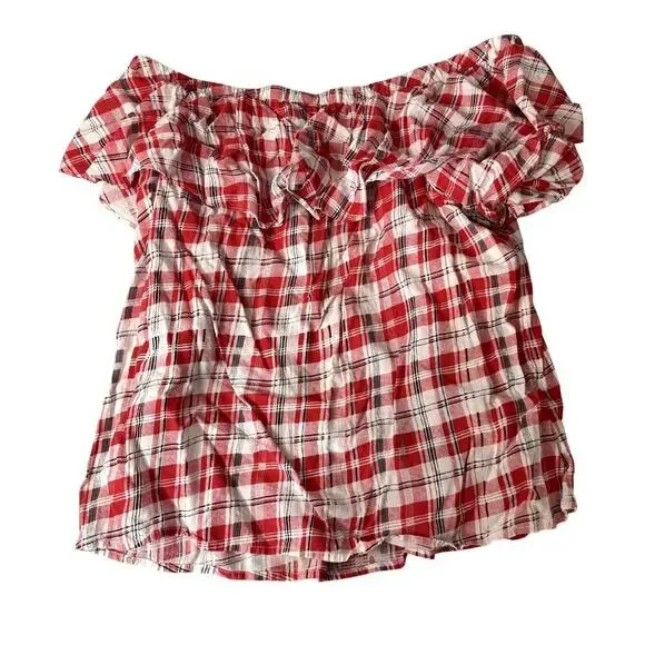 Skies are Blue Off-The-Shoulder Red Plaid Women's Top Size Medium - Picture 4 of 4